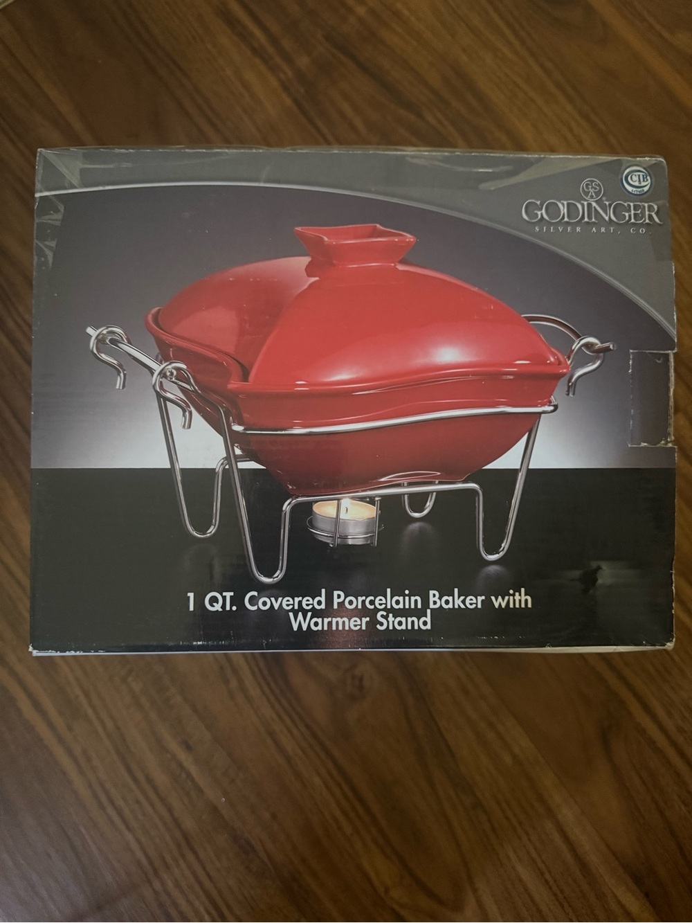 Godinger Red Porcelain Covered Baker with Chrome Warmer Stand